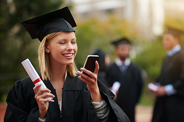 Image showing Graduation, certificate and phone with student woman outdoor on campus for university or college event. Mobile, communication and smile with young graduate at school for education or scholarship