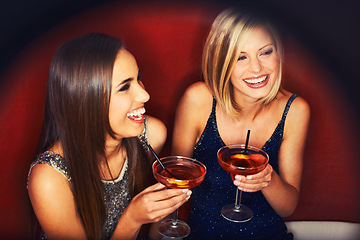 Image showing Smile, cocktails and women talking at event for party, bonding or happy hour together. Laugh, conversation and confident young female friends with alcohol drinks at night club for celebration and fun