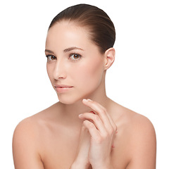 Image showing Woman, face and skincare with natural beauty and cosmetics for dermatology on white background. Hands, skincare and self care, clean facial and wellness model in portrait with glow in a studio