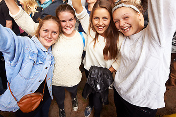 Image showing Portrait, women and excited for a festival, friends and happiness on weekend break or summer. People, girls or group with joy or celebration for event or party with smile or bonding together with fun