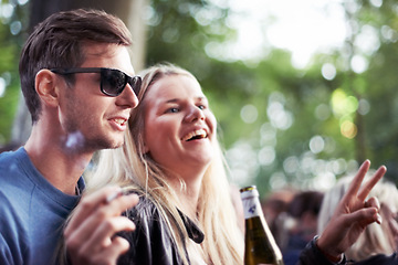 Image showing Outdoor, smile and excited with couple, festival and cheerful with happiness and bonding together. Outside, carnival and man with woman or crowd with fun and joy with celebration and party with event