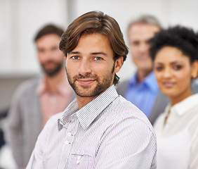 Image showing Happy, office and businessman in portrait with confidence and commitment at work. Accounting, company and smile face for teamwork for support, leadership and together with career pride in workplace