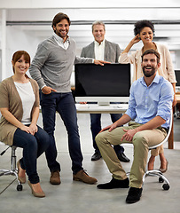 Image showing Happy, computer screen and business people in portrait for friendly and technology at work for connection. Web designer, staff and positive face for collaboration with support and mock up in office
