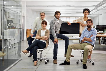 Image showing Computer screen, diversity and business people in portrait in office, about us and technology on table. Web designer, staff and face for collaboration or support and creativity in company in mockup