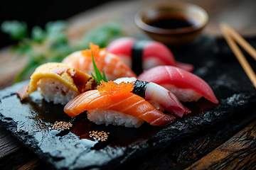Image showing Assorted Sushi and Sashimi Set on a Black Slate Plate