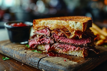 Image showing Delicious Gourmet Beef Sandwich on Wooden Board