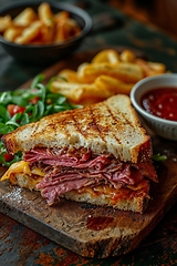 Image showing Gourmet Grilled Cheese Sandwich with Ham and Fries