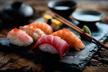 Image showing Authentic Sushi Selection on a Slate Plate with Soy Sauce