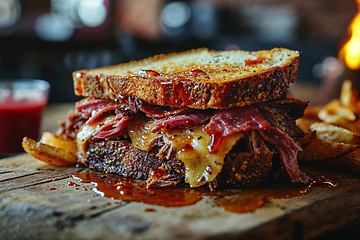 Image showing Gourmet Grilled Cheese Sandwich with Fries and Sauce