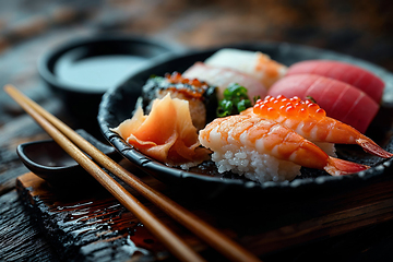 Image showing Assorted Sushi Set on Wooden Table with Soy Sauce