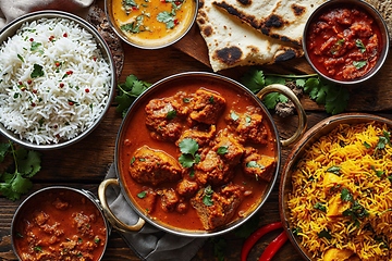 Image showing Assorted Indian Dishes in Traditional Serveware on Wood