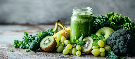 Image showing Healthy Green Smoothie and Fresh Ingredients on Table
