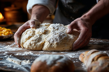 Image showing Artisan Baker Kneading Dough on Wooden Counter