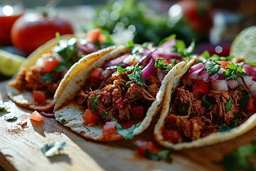 Image showing Delicious Spicy Tacos Served on Wooden Board