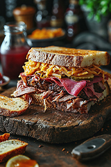 Image showing Gourmet Pastrami Sandwich on Rustic Wooden Board