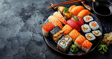 Image showing Assorted Sushi Platter on Dark Stone Background