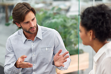 Image showing Business people, discussion or brainstorming together in office, idea or collaboration on work project. Accountant, feedback or diversity in meeting at workplace, planning or communication in startup