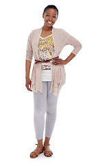 Image showing Happy, portrait and black woman in fashion, style or casual clothing on a white studio background. Full body of young African, female person or model posing with smile and hand on hips in confidence