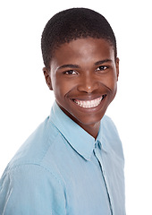 Image showing Man, portrait and happy or confidence in studio with relax, good mood and positive attitude with casual fashion. African guy, person and face with smile, pride and trendy shirt on white background