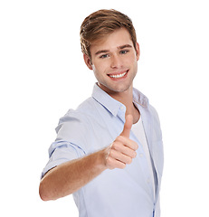 Image showing Man, portrait and thumbs up for approval or agreement in studio, satisfaction and happy for yes. Male person, smile and like emoji for feedback or review on white background, promotion and support