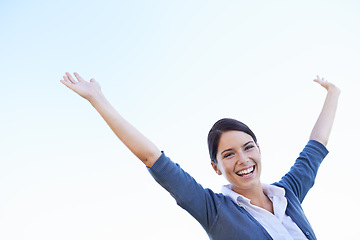 Image showing Celebration, cheering and excited with woman, portrait and happiness with mockup space and motivation. Person, face or winner with victory or wellness with smile or promotion with wow, omg or success