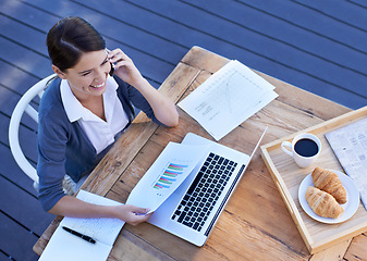 Image showing Phone call, laptop and businesswoman with breakfast on hotel deck with networking, documents and stats. Remote work, computer and woman with smartphone conversation, brunch and coffee on high angle.