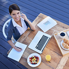 Image showing Freelancer, smile and phone call with breakfast, outdoor and table with healthy food, employee and online. Person, writing and technology of pc, business and creative as worker with coffee and above