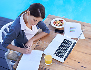 Image showing Woman, writing and remote work with laptop, research with notebook and breakfast, planning for schedule or agenda. Notes, info and technology, journalist with ideas for article and meal outdoor