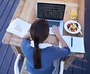 Image showing Worker, laptop and table with breakfast, outdoor and food as healthy meal, working and online. Above person, employee and writing with technology and back of creative with juice in remote workplace
