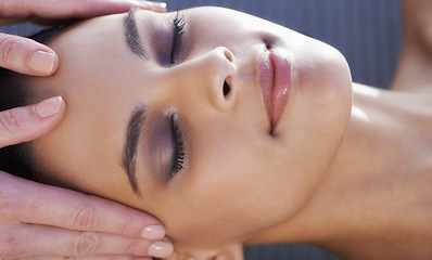 Image showing Sleeping, head massage or hands with woman in hotel for wellness, treatment or hospitality in spa. Peace, smile or salon with calm person, client or masseuse on holiday vacation for beauty therapy