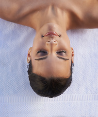 Image showing Face of woman, top view or ready for luxury spa treatment, facial skincare or beauty for wellness. Towel, healing therapy or zen female client on bed to start massage, detox or chemical peel to relax