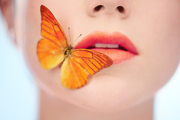Image showing Beauty, makeup and butterfly on lips of woman in studio on blue background for harmony closeup. Skincare, mouth and cosmetics with insect on face of model for natural wellness or skin treatment