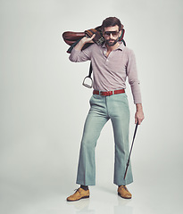 Image showing Vintage, man and saddle with riding crop in studio for hobby, leisure and confidence with sunglasses. Equestrian, person and 70s style, hipster clothes or retro outfit for fashion on white background