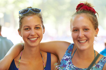 Image showing Festival, friends and portrait of women hug outdoors on holiday, vacation and music party in nature. Happy, smile and face of people embrace for fun and relax together on adventure, disco and trip