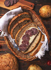 Image showing Bread with butter and sliced salami