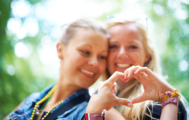 Image showing Friends, heart gesture and smile at festival to party, celebrate and summer in California for bonding, enjoy and entertainment. Event, outdoor and happiness at concert with music for enjoyment