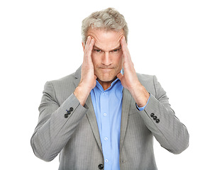 Image showing Angry, business man and ceo with portrait of headache from fail and work mistake in studio. Mature, sales manager and boss with stress from problem and job issue and frustrated with white background