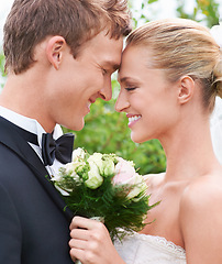 Image showing Couple, man and woman in closeup on wedding in love, happiness and affection in relationship with romance and joy. Newlyweds, groom and bride in ceremony with flower, excited and beautiful.