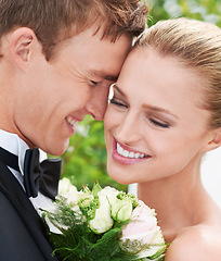 Image showing Couple, love and affection at wedding celebration in outdoors, together and smiling in nature. People, care and commitment to relationship with marriage, support and romance at outside ceremony