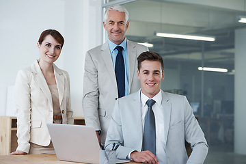 Image showing Laptop, meeting and portrait of business people in office for research on corporate legal project in collaboration. Team, technology and group of attorneys work on law case with computer in workplace