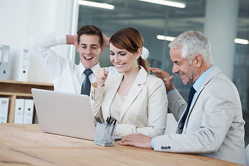 Image showing Laptop, wow and success with business people in office boardroom for support, motivation or celebration. Computer, smile and winner employee group in workplace for goals, target or bonus notification