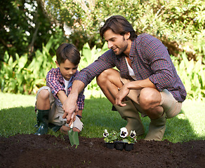 Image showing Child, father and support with gardening and flowers in nature for agriculture growth and ecology education. Soil, compost and a man teaching boy kid to plant with spade for organic earth harvest