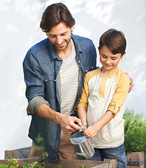 Image showing Dad, boy and greenhouse with water for plants, vegetation and agriculture for family business. Father, son and teach in planthouse to grow organic vegetables to sell, sustainability and gardening