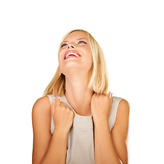 Image showing Happy, excited and woman winning in studio with celebration, success and achievement or opportunity. Young winner, person or model looking up with news, announcement or wow on a white background
