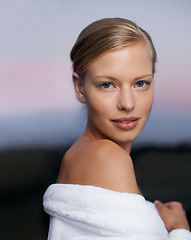 Image showing Woman, portrait and spa beauty outdoor with skincare and facial treatment at sunset with skin glow. Hotel, wellness and female person from Switzerland with cosmetics, resort and relax at dusk