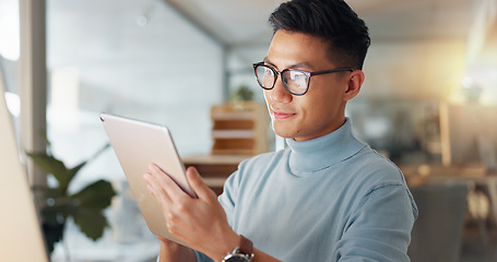 Image showing Asian man with tablet, glasses and reflection, thinking and reading email, review or article at startup. Internet, research and businessman with digital app for with networking, social media or web.