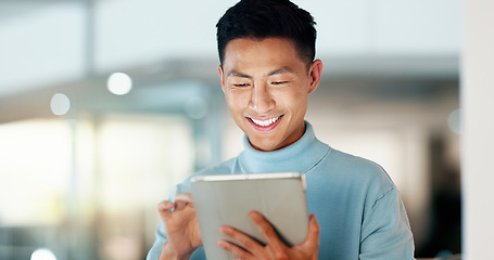 Image showing Asian man with tablet, smile and scroll, thinking and reading email, review or article at startup. Internet, research and happy businessman with digital app for with networking, social media or web.