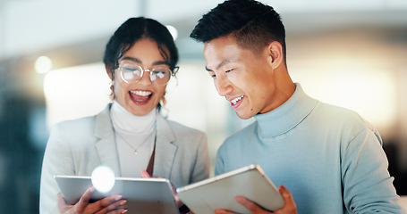 Image showing Friends, collaboration and happy with work on tablet, technology and digital transformation for business. Diverse team, professional and strategy with development, website design and ui, ux interface