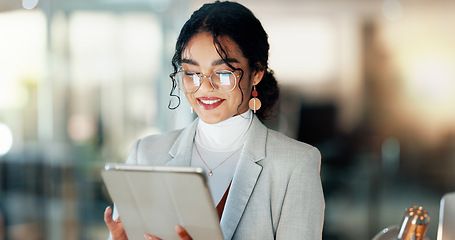 Image showing Business, employee and woman with a tablet, internet and connection with social media, typing and meme. Happy person, consultant and sales agent with technology, website info and email notification