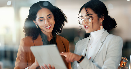 Image showing Business women, collaboration and tablet teamwork for digital marketing solution, online research and planning. Happy team, analyst or employees on technology for website or social media results